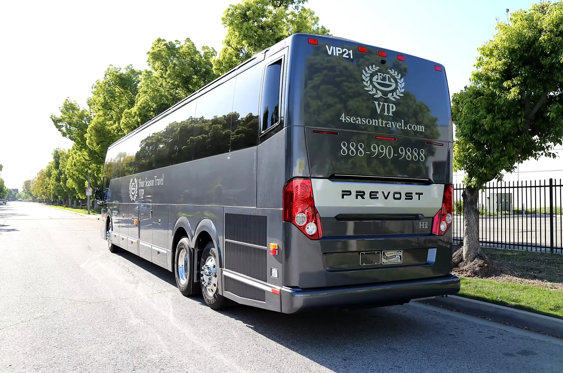 Rear three-quarter view of the Four Season Travel VIP coach