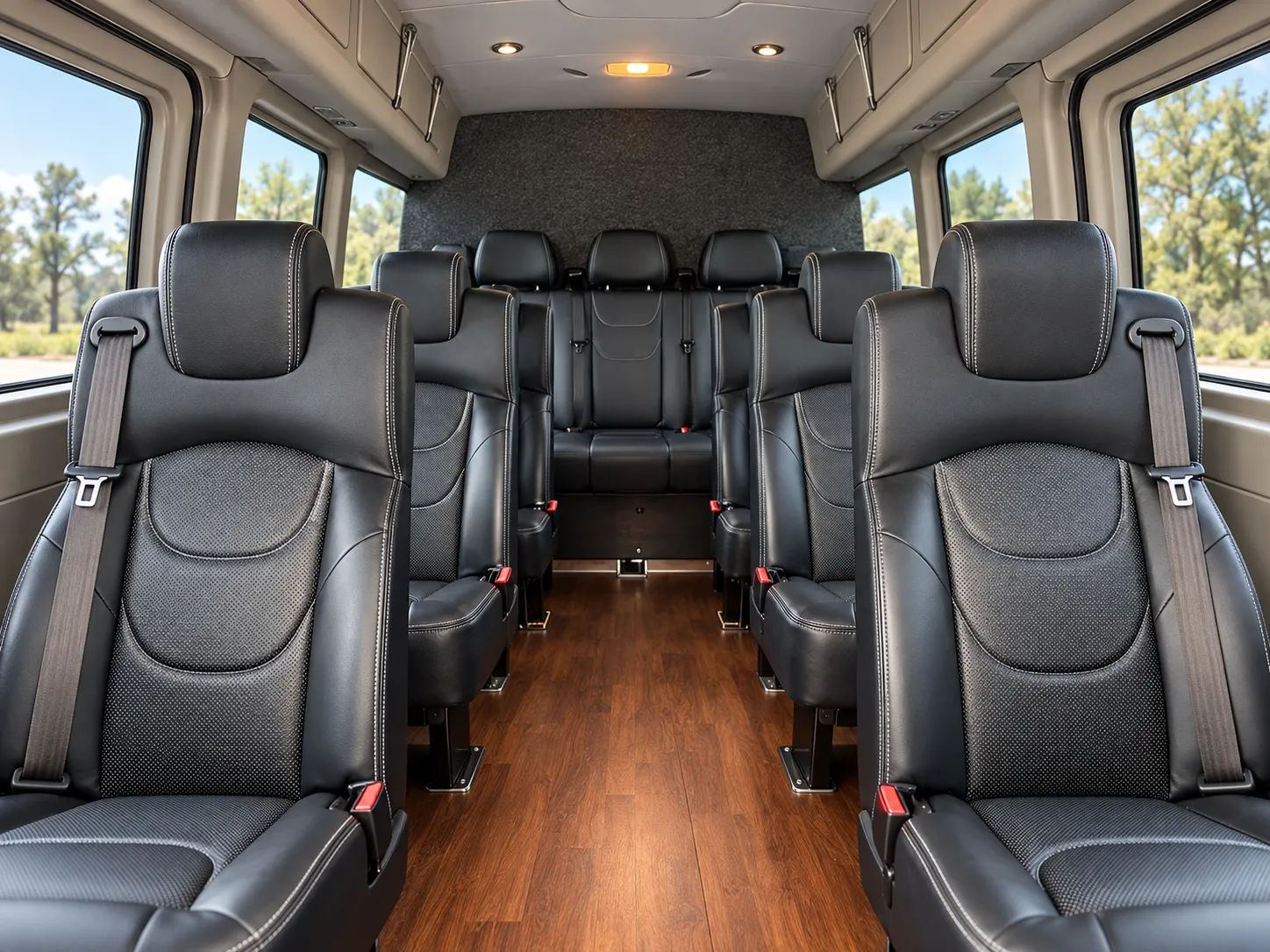 Center-aisle view inside the Four Season Travel Mercedes-Benz Sprinter with black leather seats and wood flooring