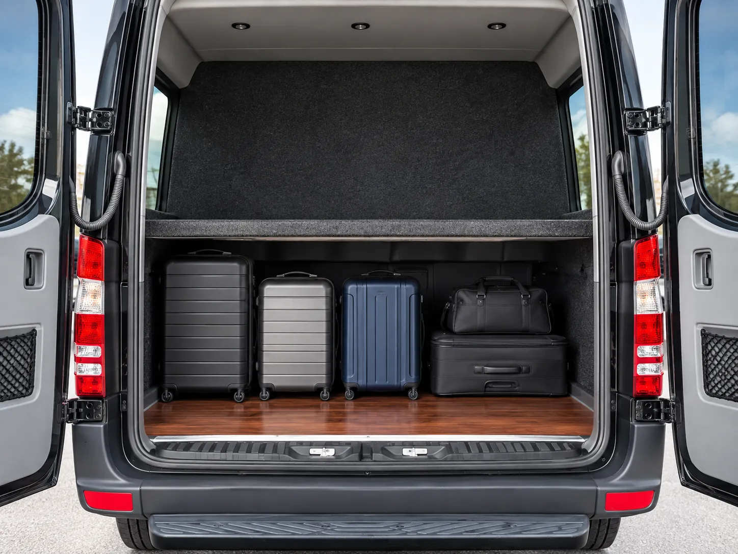 Rear luggage area of the Four Season Travel Mercedes-Benz Sprinter with five travel bags arranged beneath the storage shelf